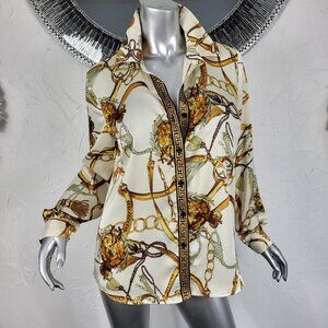 NWT~BOOHOO~10/M/L~IVORY BROWN GOLD CHAIN TASSEL BAROQUE BLOUSE SHIRT TOP